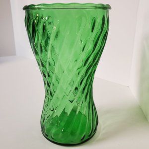 Vintage 8" Tall Green Swirl Design Vase For Lots Of Flowers!